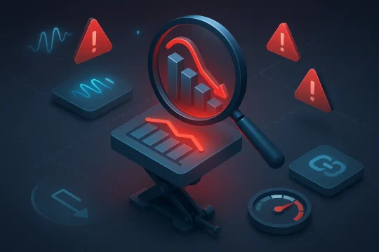 A caricature of a detective examining a descending graph: diagnosing drops in rank.