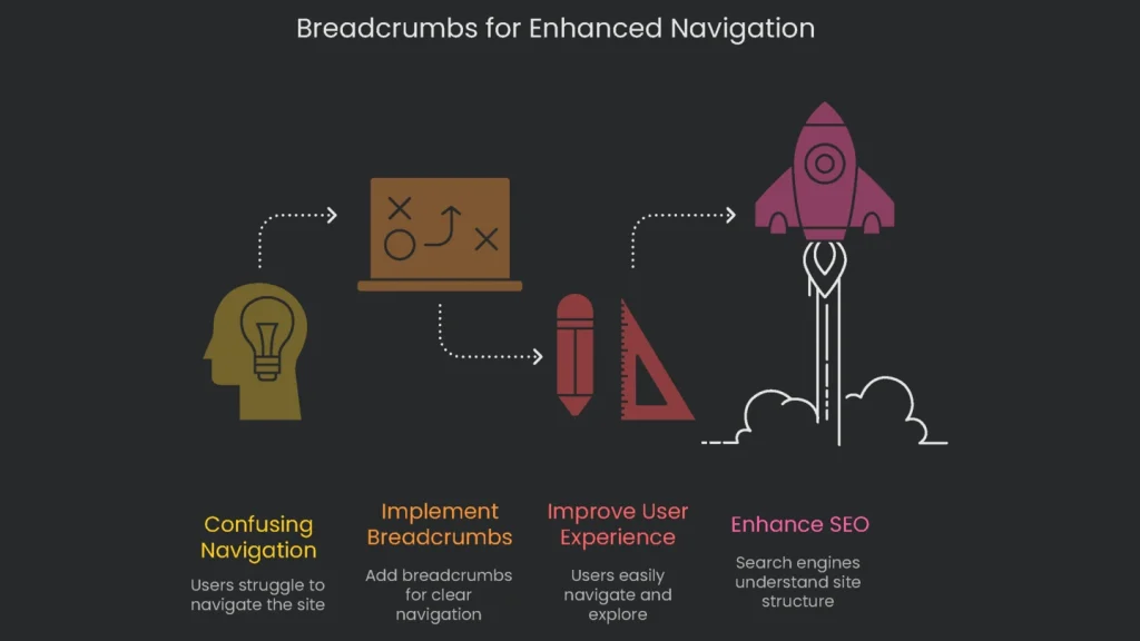 Illustration of breadcrumb and how it shows up on a webpage as navigation tools for better UX and for SEO.