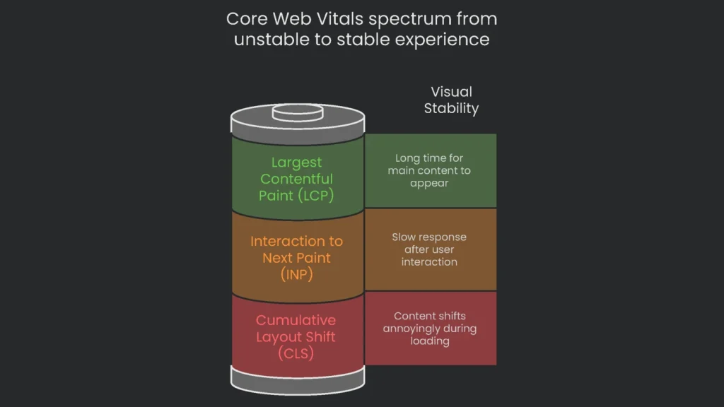 A web vitals experience spectrum graphic demonstrating the boundaries of 'poor' (red) and 'good' (green) .
