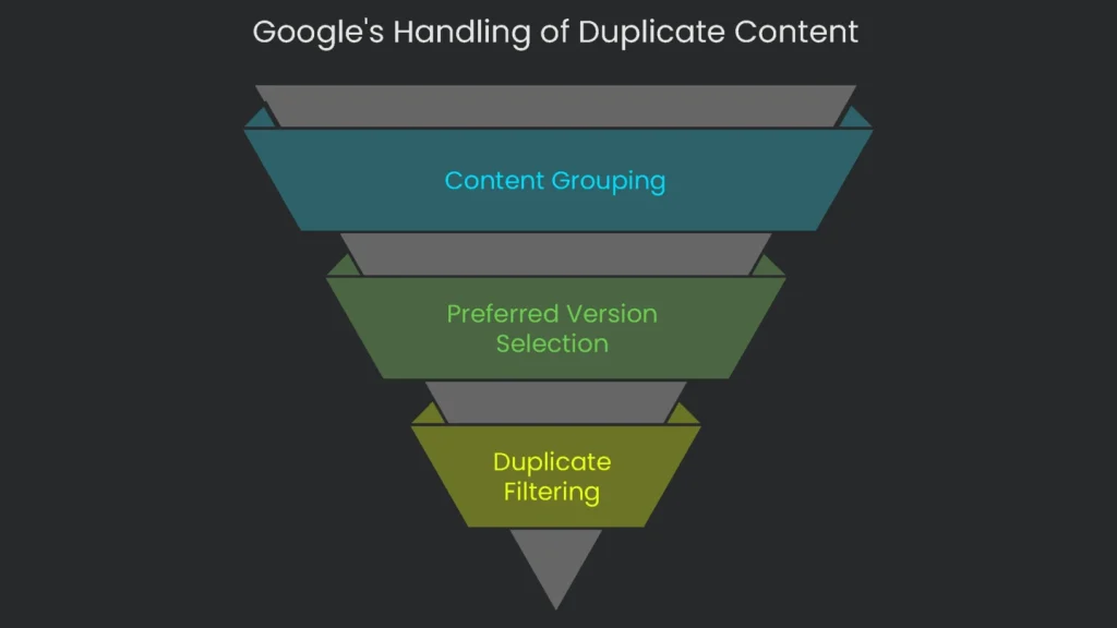 Image depicting Google's method of resolving duplicate content issues to retain a canonical copy.