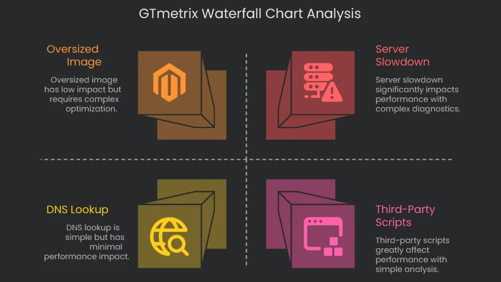 An annotated GTmetrix waterfall chart depicting the way to analyze it for performance bottlenecks.
