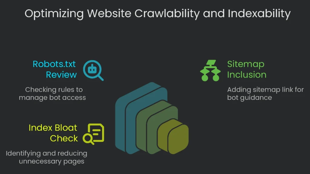 A diagram that shows how to improve website crawlability and indexability for search engines.