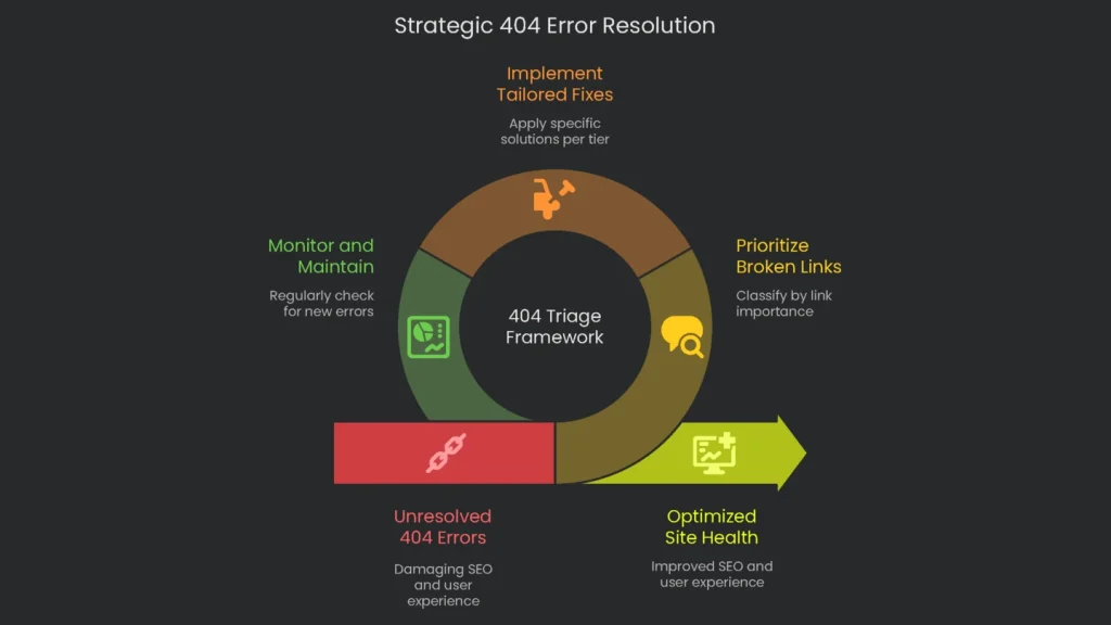 A decision diagram for planned strategic resolution of 404 errors, indicating when a page should be redirected to a certain link, restored, or left as is.