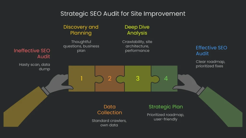 A magnifying glass over the design of a website representing an SEO audit on a website to improve it.