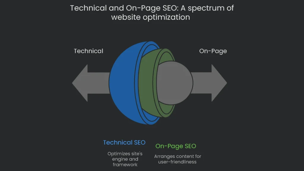 A spectrum graph showing the differentiation of a site optimisation which ranges from technical to the onpage content of the site.