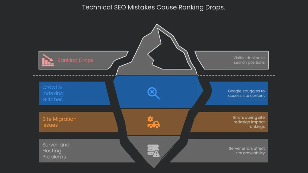 Diagram depicting the relationship between significant drop in website ranking and technical SEO error.