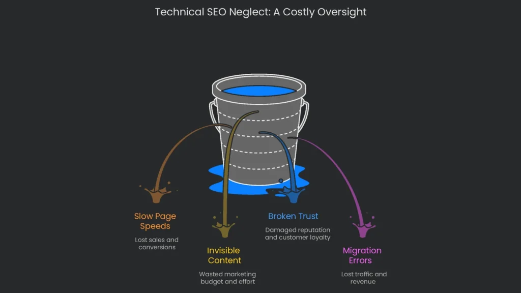 An illustration depicting the loss of a building's foundation due to an expensive mistake of ignoring technical seo.
