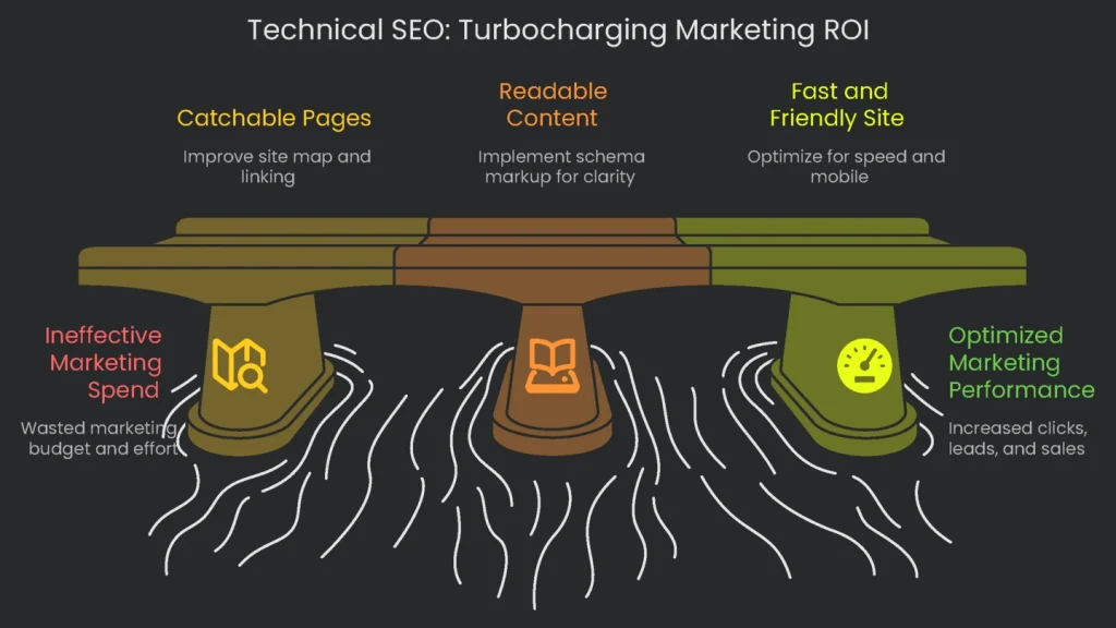 A graphic showcasing a marketing engine having its impact increased due to the application of technical seo.