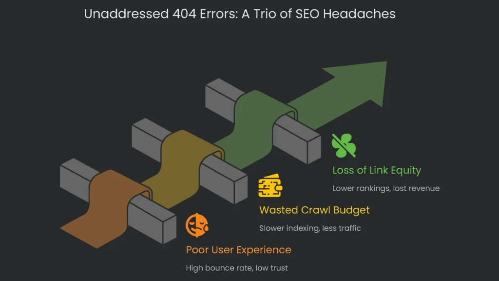 Infographic explaining the three negative impacts of having unresolved 404 errors from the SEO triad: poor user experience, wasted crawl budget, and loss of link equity.