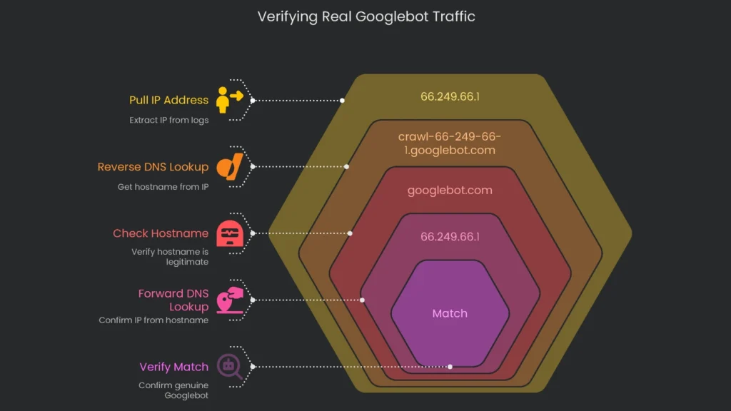 Reverse DNS look-up showing how to confirm proxy Googlebot traffic.