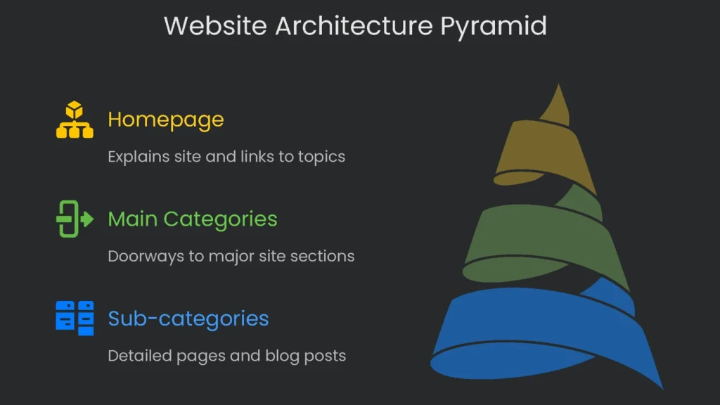 Pyramid diagram showing a website with strong architecture that puts the user's wants and needs at the top and the technical setup at the bottom.