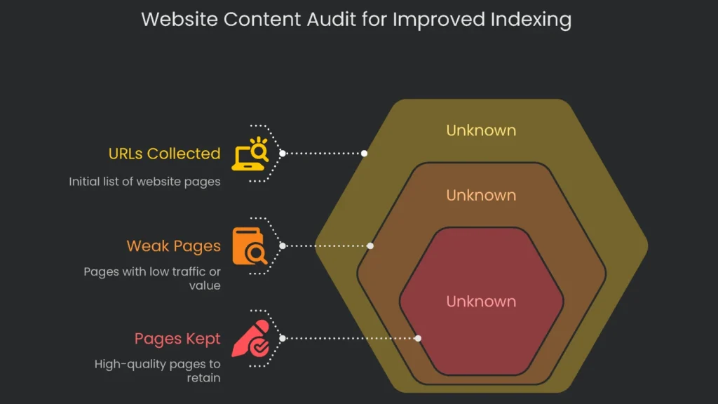 A flowchart denoting steps for conducting a content audit of a website in order to enhance indexing, and also to erase pages of low quality.