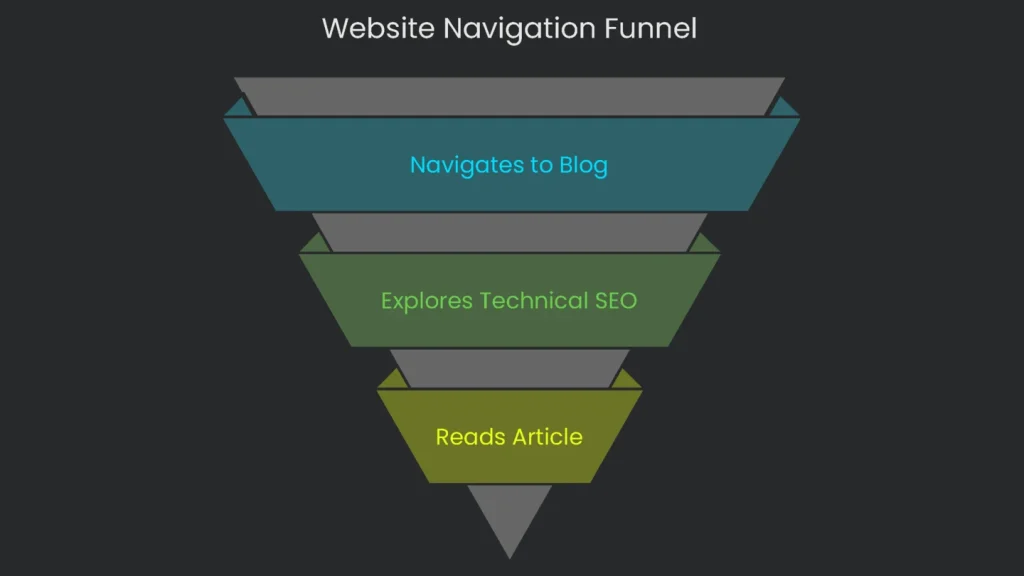 Funnel diagram depicting the progression of a user along a website, from landing page to conversion.