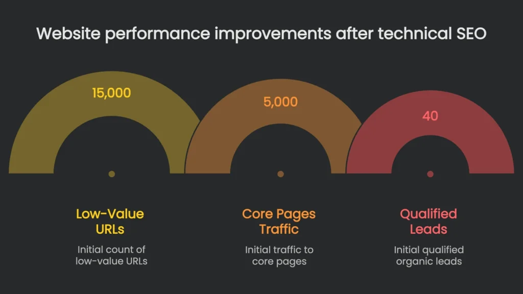 Charts and graphs depicting improvement gained from a technical SEO project.