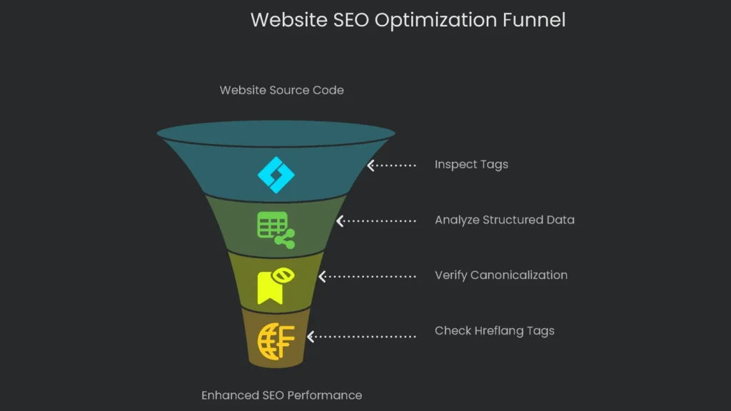 A funnel diagram that illustrates the stages of an SEO optimization project for a website.
