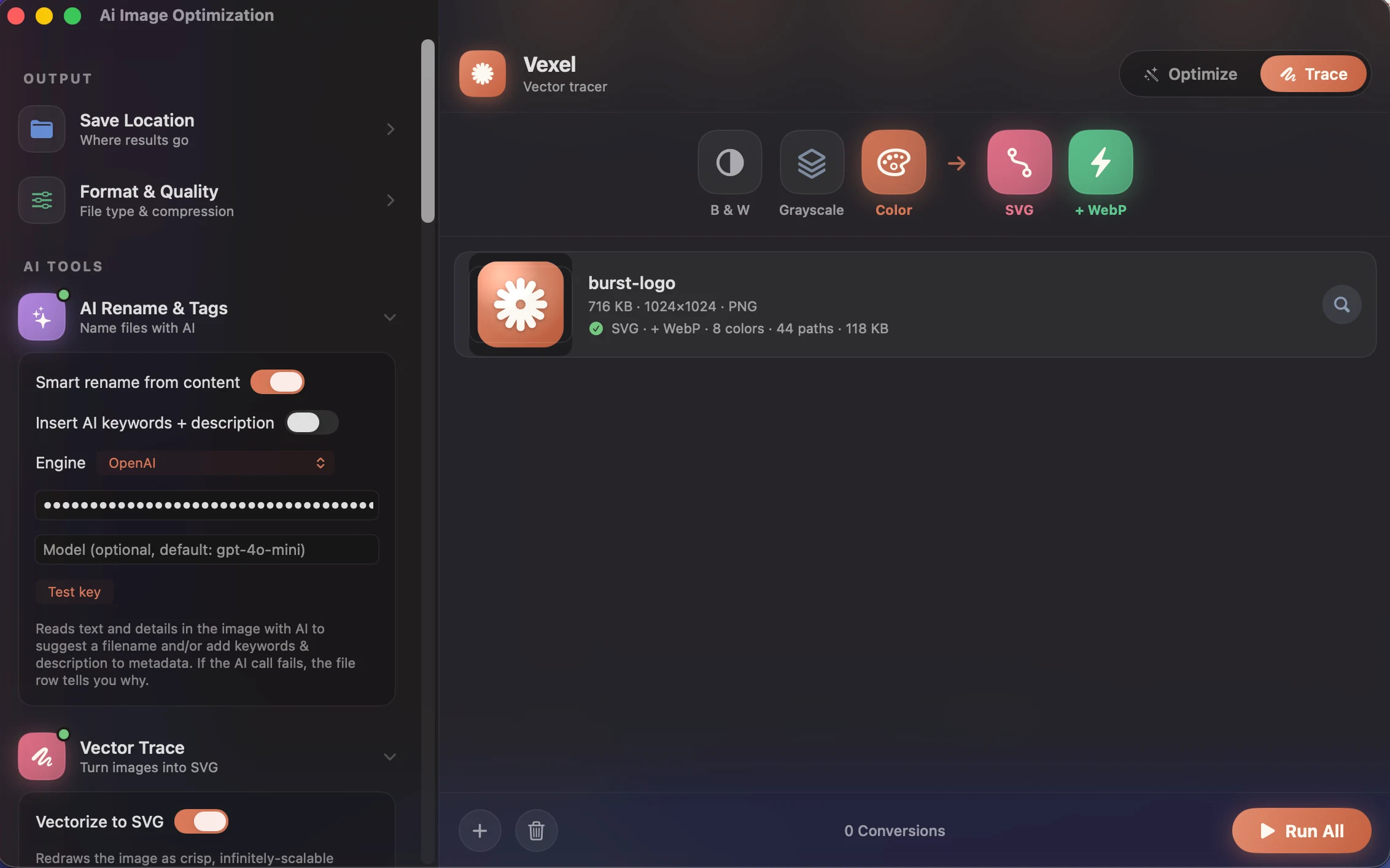 Vexel app — Trace mode converting a logo to SVG and WebP with big colorful format tiles