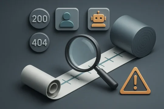 An icon of a magnifying glass analyzing a server log file, representing log file analysis for beginners.
