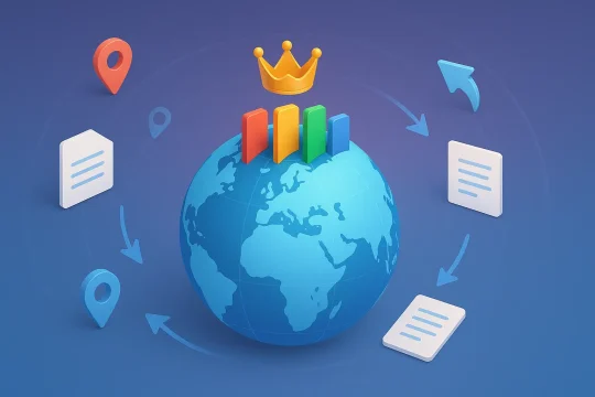A world map with lines showing the use of hreflang tags for geo SEO.