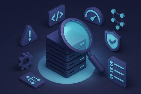 Illustration highlighting an advanced technical SEO audit with a magnifying glass, depicting a website blueprint.