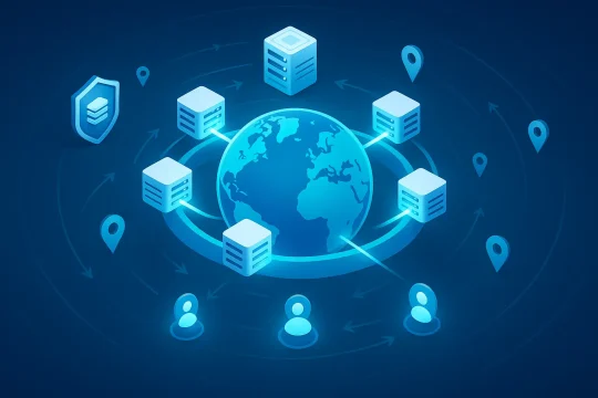 World map illustrating the way a CDN delivers site content at different parts of the world to enhance speed.