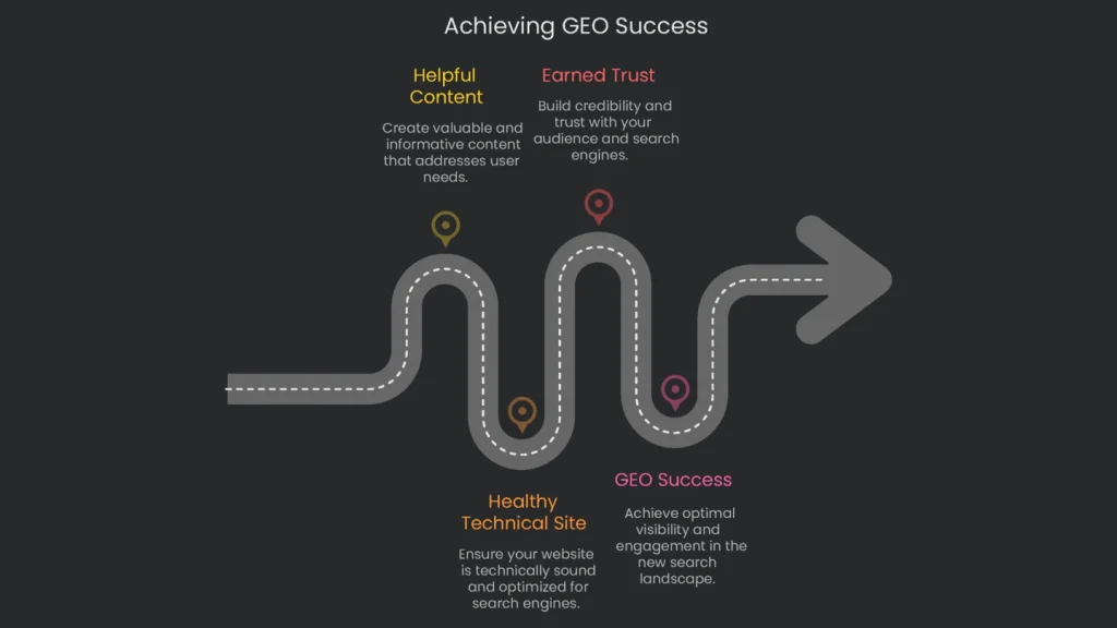 A peak of a mountain with a flag illustrating the success achieved in GEO.