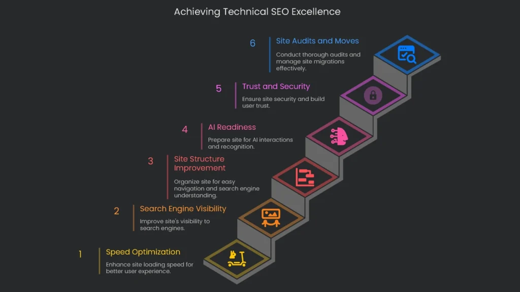 A 6 step staircase diagram for \'Achieving Technical SEO Excellence\', starting with Speed Optimization, and progressing to visibility, structure, AI readiness, security, and site audits.