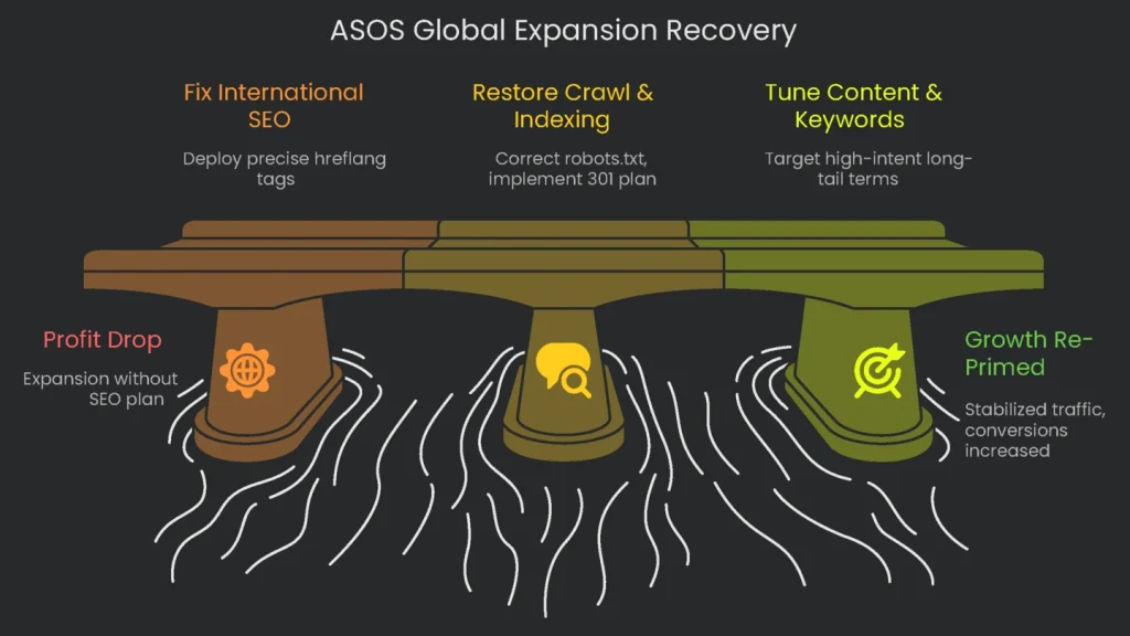A chart showing ASOS international recovery and global expansion after recovering from international SEO issues.