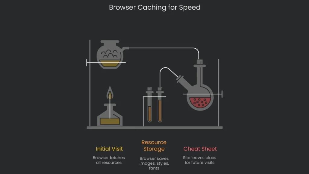 Illustration showing a web browser icon with a cache symbol indicating the use of cached browswers to improve speed.
