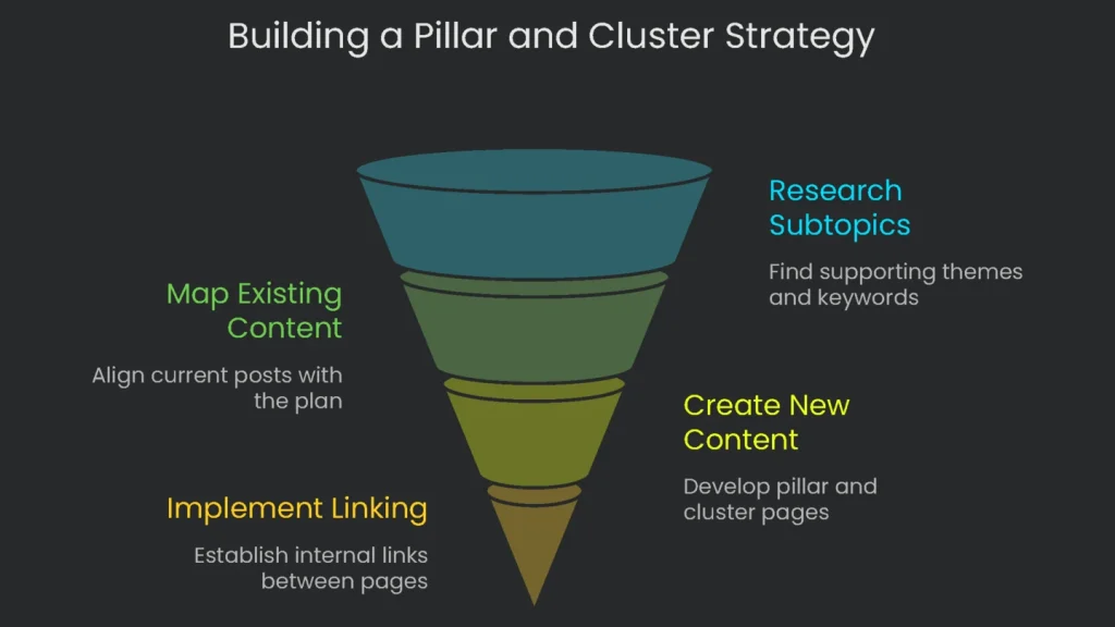 A visual representation of internal linking to a pillar and cluster content strategy.