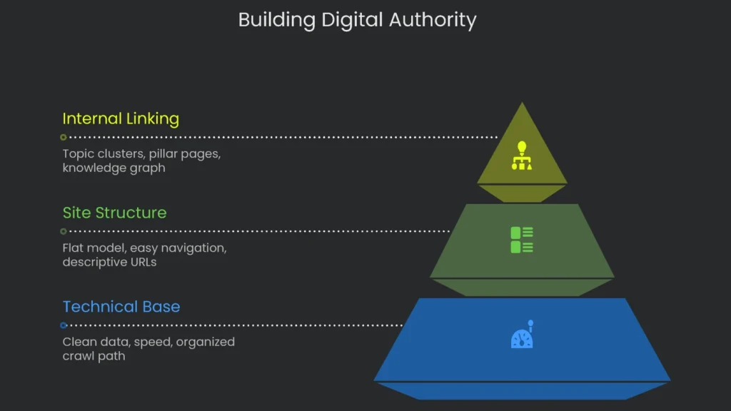 Building digital authority by constructing content and link blocks with tech SEO.