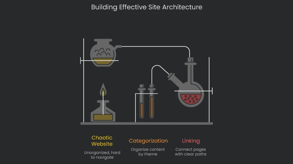 Diagram of website architecture showing a good balance of order, linking, and hierarchy.