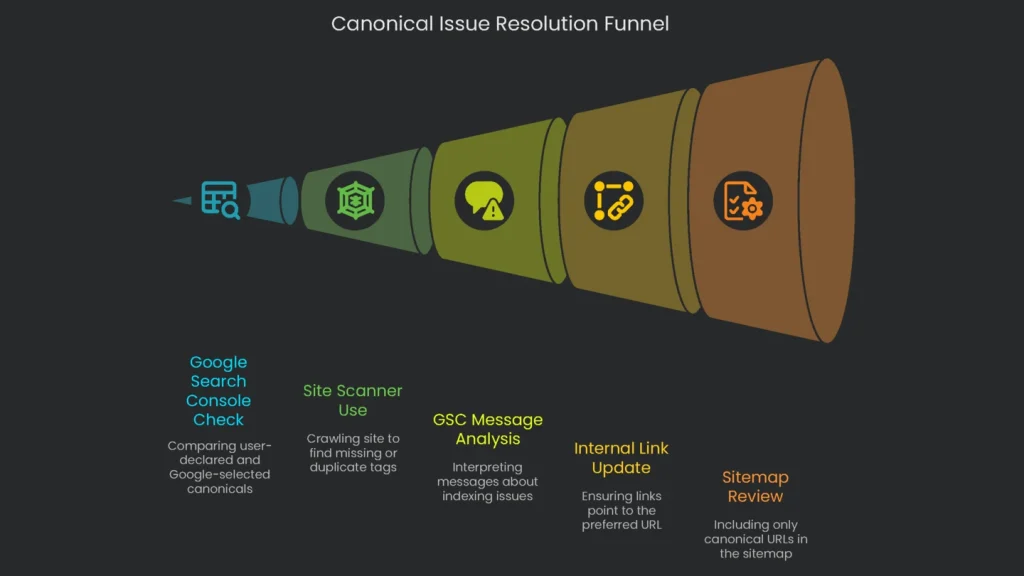 A flow chart illustrating the steps for fixing and troubleshooting the canonical tag.