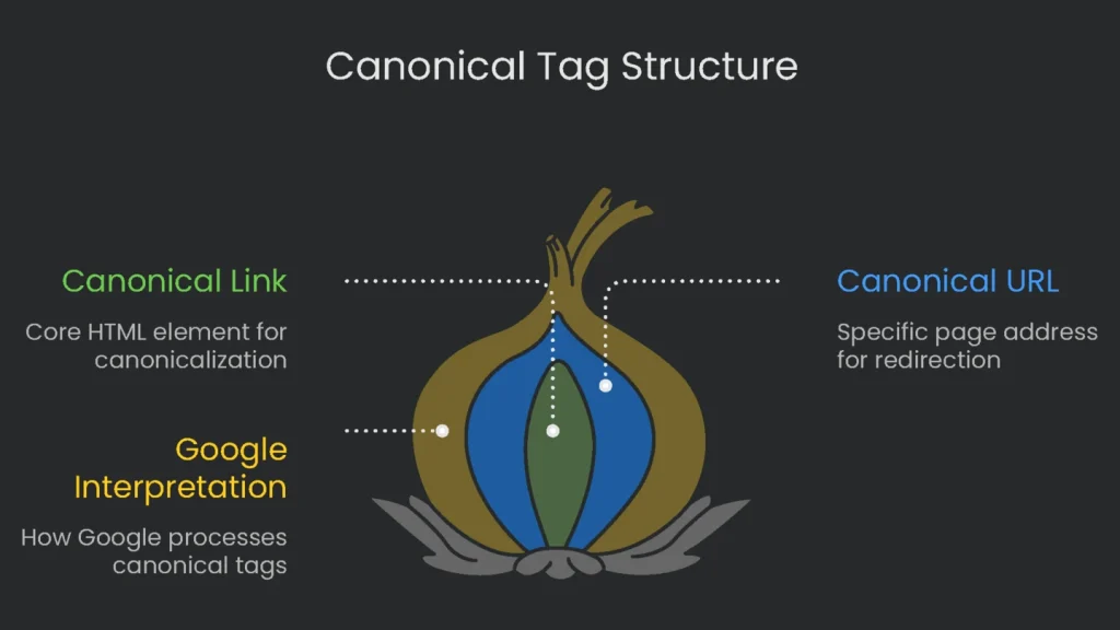 An HTML snippet sample displaying the inline rel=canonical tag structure.