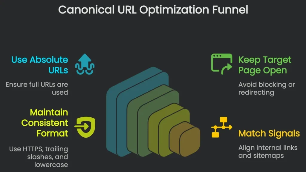 A diagram showing the steps for use of canonical URLs as the focus of optimization.