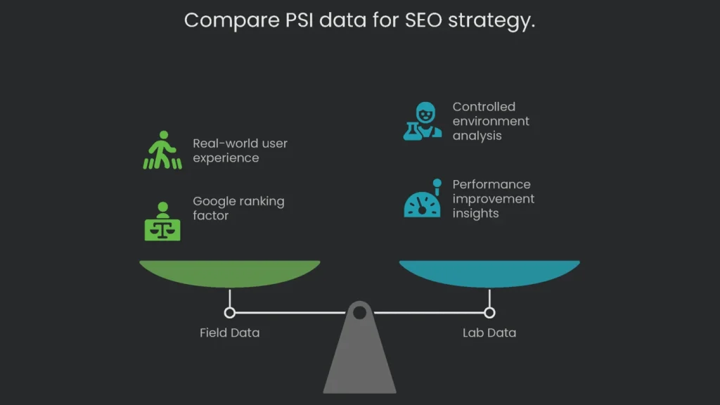 A comparative analysis of Page Speed Insights reports for developing an SEO strategy.