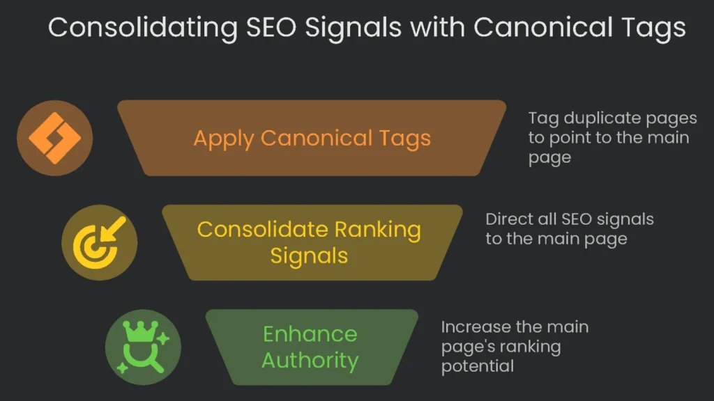 A chart showing the SEO signal stream consolidation from duplicate pages to a single URL using canonical tags.