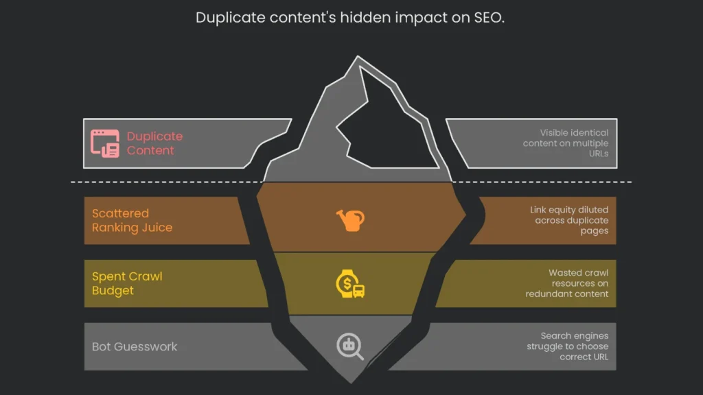 An iceberg chart illustrating the surface and under surface impact of duplicated content on SEO.