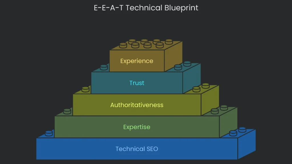 A blueprint of how technical SEO works within the other layers to promote E-E-A-T signals.