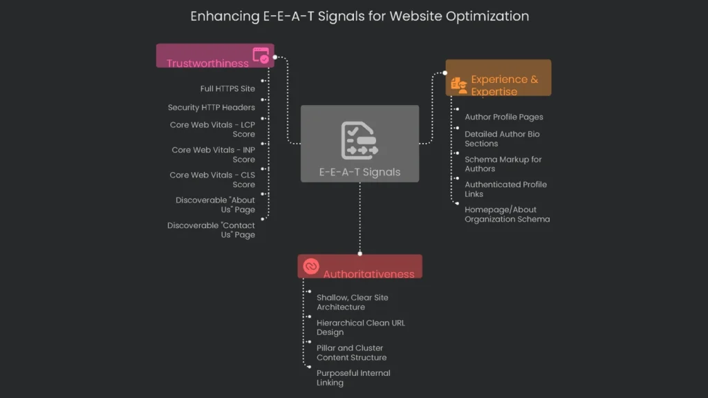 Technical SEO, author credibility, and quality content to boost E-E-A-T signals.