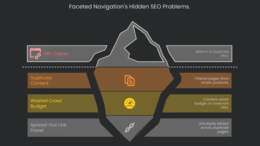 SEO problems made by faceted navigation such as duplicate content, illustrated by a maze.