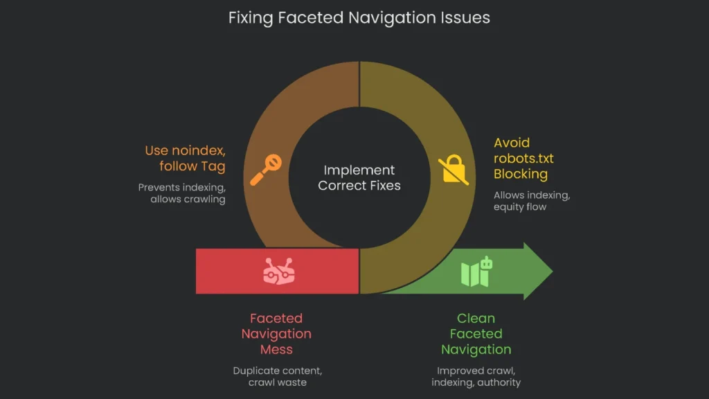 Common faceted navigation SEO problems using AJAX, noindex, and canonicals flowchart.