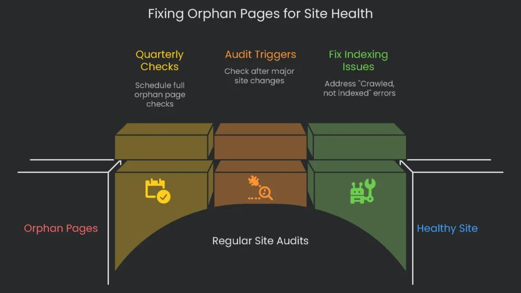 An illustration showing the improvement of site health by reconnecting orphan pages to the main site structure.