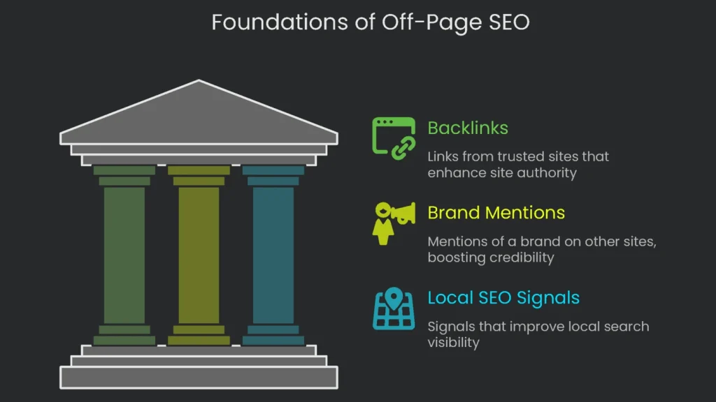 An illustration showing the foundational components of off-page SEO, which includes the building of links and mentions of the brand.