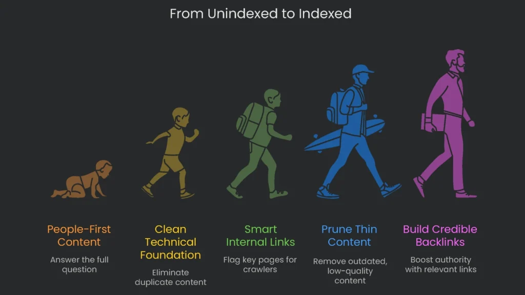 A graphic depicting a page that has moved from the ‘unindexed’ to ‘indexed’ state in Google.
