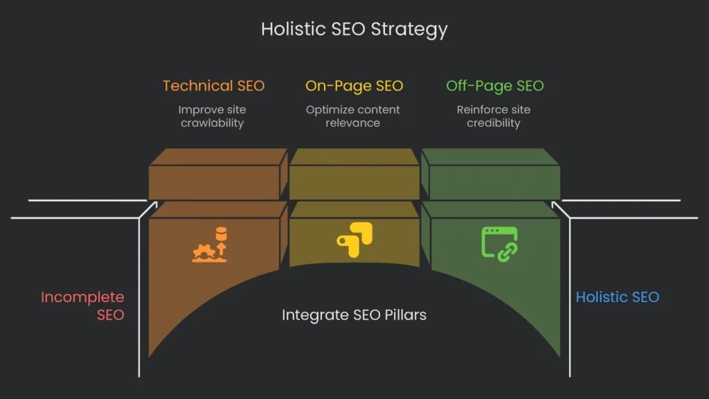 An all rounded SEO strategy diagram combining technical, on-page and off-page seo elements of the site.