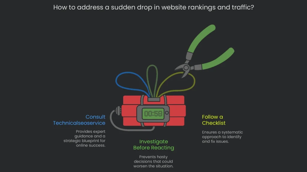 Flow chart on how to investigate and respond to a sharp decline in a website\'s ranking and overall traffic.