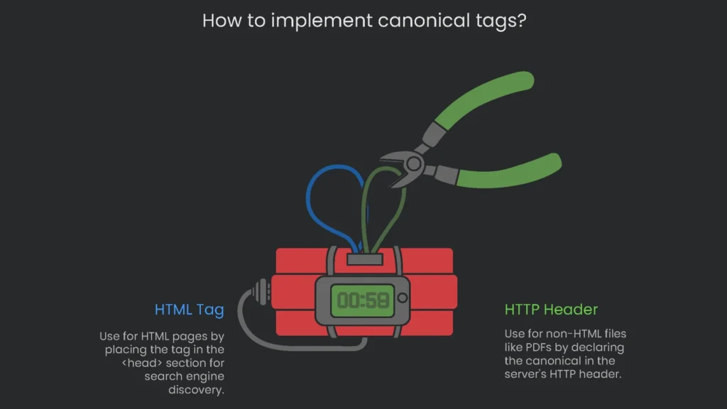 An instructional document on the correct steps for use of canonical tags on a particular website.