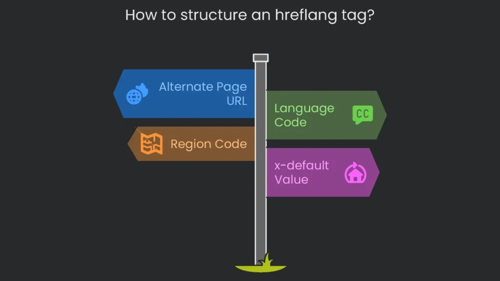Diagram that illustrates the proper construction of an hreflang element with designated language and country codes.