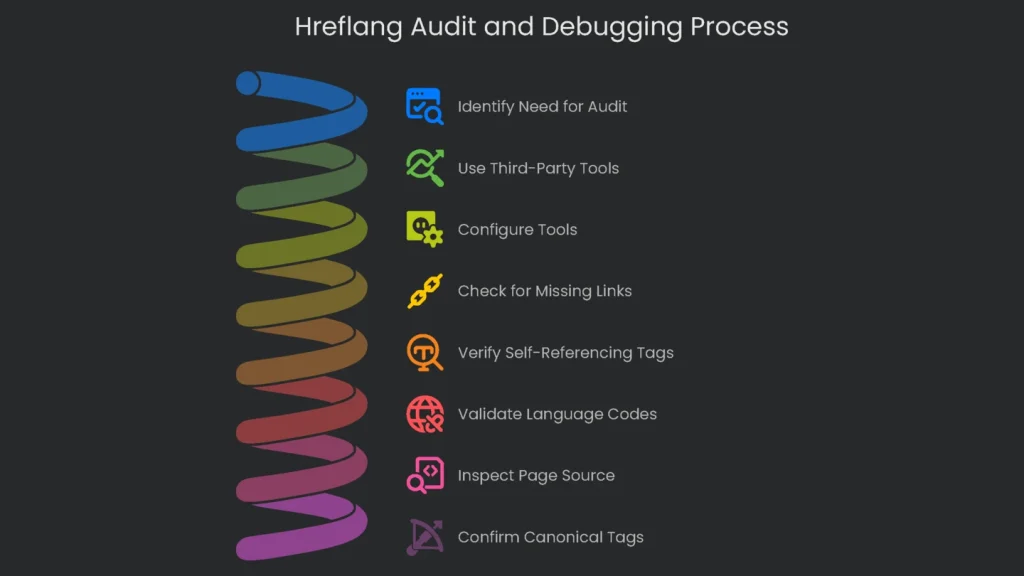 A flow chart that demonstrates the auditing process and shortcomings of added hreflang tags.