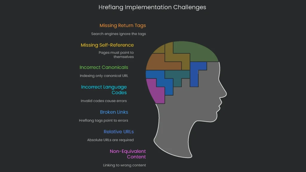 Illustrates frequent problems faced with hreflang including faulty codes and missing return tag issues.